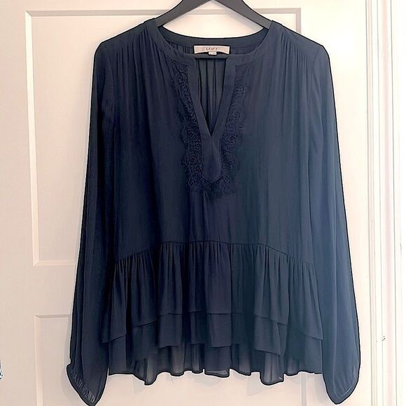 Loft Navy Blue Ruffle Hem Blouse - Picture 1 of 6